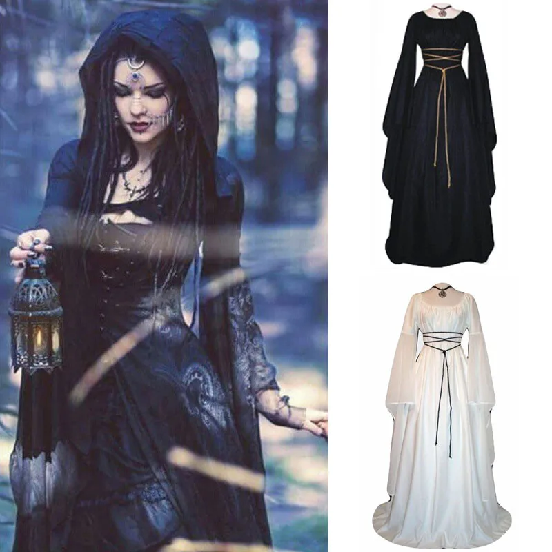 

Medieval cosplay dress Women lace up long sleeve party dress Solid Vintage Renaissance retro d90907
