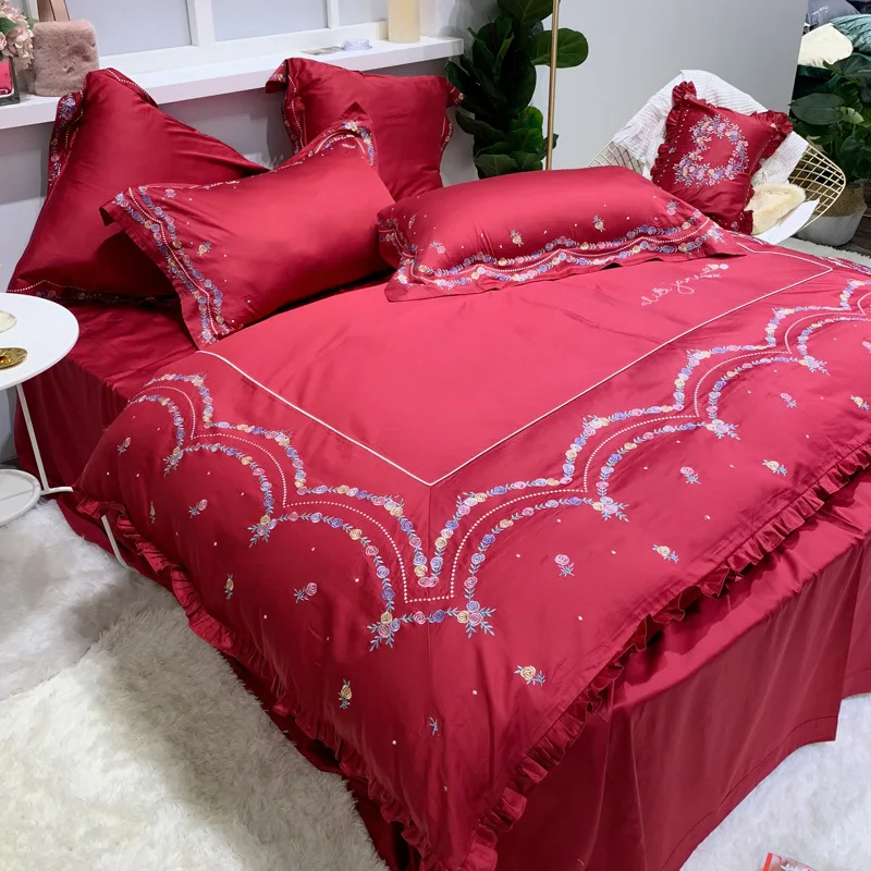 Китайский красный Troditional набор свадебного постельного белья 4 шт. чистый хлопок, домашний текстиль для новых пар кровать Артикул мода простыня пододеяльник