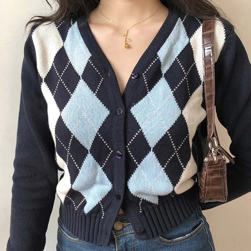 Suéter Vintage de manga larga con cuello en V para mujer, cárdigan corto de punto para otoño e invierno, estilo inglés, 2020