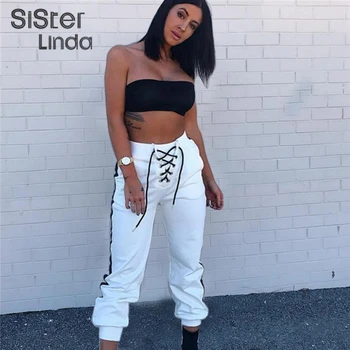 

Sisterlinda Cotton Black Striped Pants Women Casual Harem Pants Loose Pants For Women Sweat lace up Trousers Female 2020 Mujer
