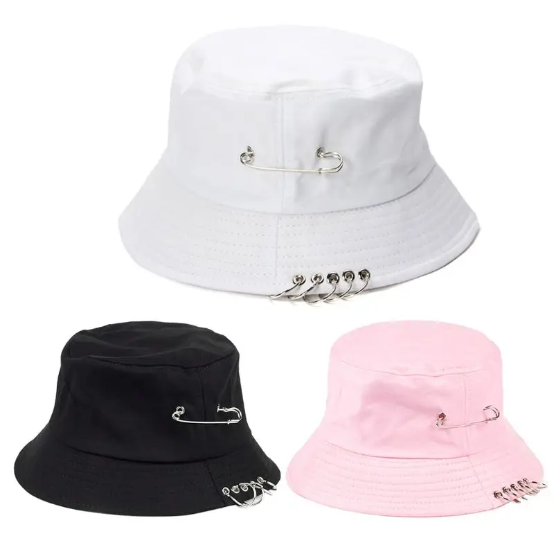 

Unisex Harajuku Punk Cotton Bucket Hat Metal Pin O-Rings Hip Hop Fisherman Cap