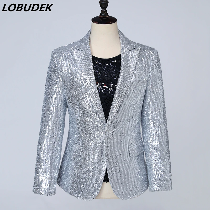 

Fashion Male Singer Stage Silver Sequins Blazer One Button Shiny Suit Jacket Bar Nightclub Concert Costume Tuxedo Casual Coat