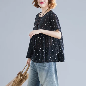 

COIGARSAM Short Sleeve Polka Dot blouse women blusas womens tops and blouses Black Wave Point 2993