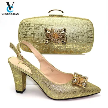 

Gold Color New Arrivals Style African Shoes And Bag Set Nigerian High Heels Shoe And Matching Bag Set For Party Dress