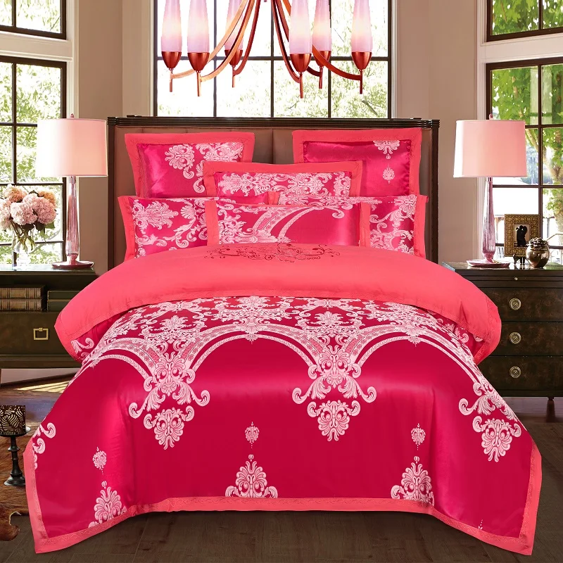 KELUO Luxury Wedding jacquard mulberry silk bedding 100%cotton Embroideredincluding duvet cover bed sheet pillowcase GRAY - Color: Such as pictures