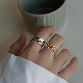 

High quality 100%925 sterling silver irregular wide-face chain ring female Geometric Korean style open ring Silver 925 jewelry