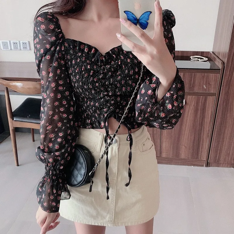 Floral Print Drawstring Crop Top Women Spring Fall Long Sleeve Purple White Chiffon Blouse Shirt Korean Style Ladies Short Tops 4
