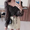 Floral Print Drawstring Crop Top Women Spring Fall Long Sleeve Purple White Chiffon Blouse Shirt Korean Style Ladies Short Tops 4