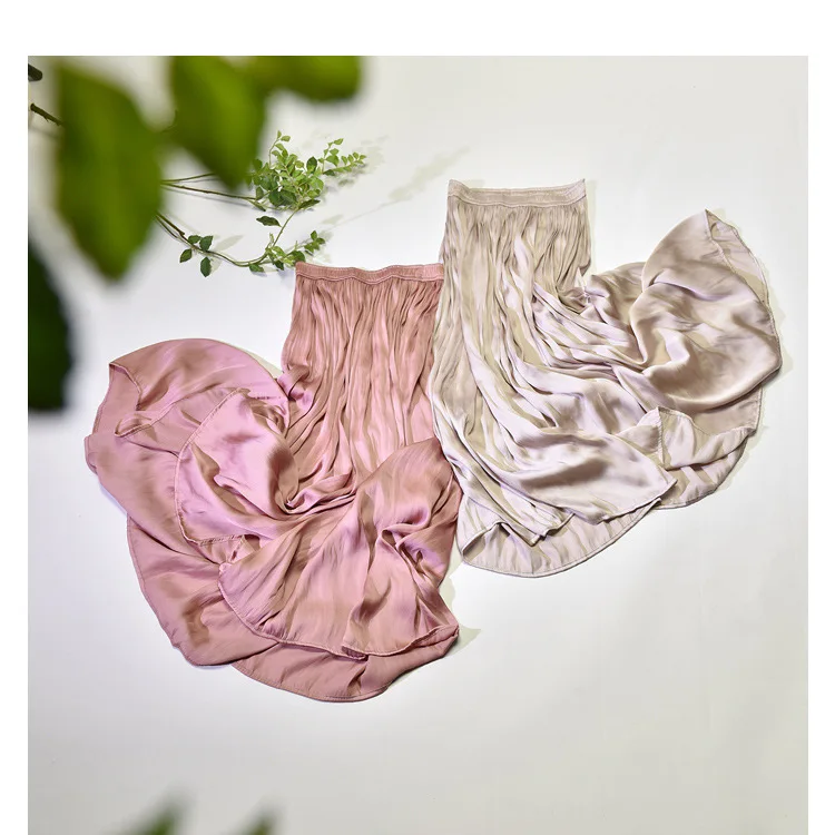 Summer Silky Skirt Elastic High Waist Glossy Silky Long Skirt Sea-Island Filament A-line Skirts Beach Vacation Pearlescent Dress