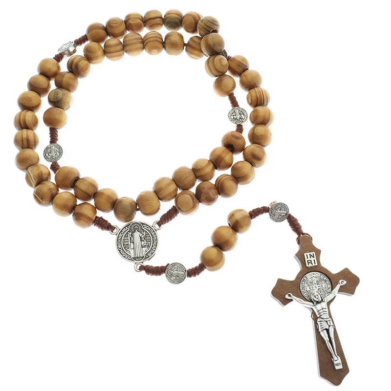 Men Women Christ Wooden Beads 10mm Rosary Bead Cross Pendant Woven Rope Chain Necklace Jewelry Accessories
