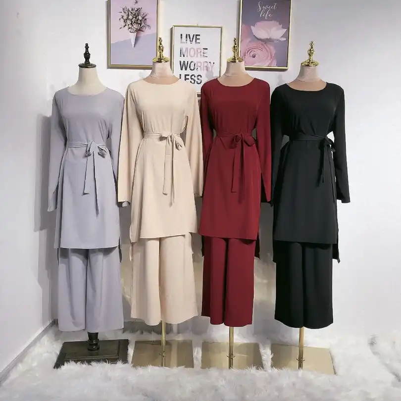 2020 New Fashion Simple Fresh Muslim Lace Suit Turkish Marocain Abayas For Women Hijab Clothes Islamic Long Shirt Pants Set Aliexpress