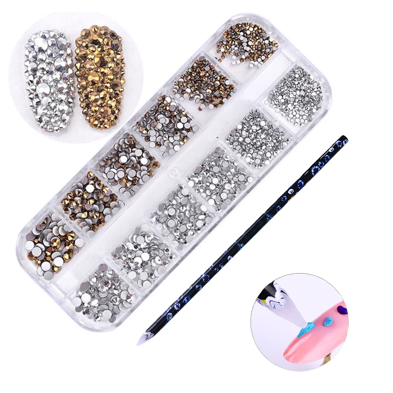 2Pcs 5 12 сеток/коробка Стразы для ногтей многоразмерный AB Цвет яркий прозрачный кристалл плоское дно дизайн ногтей 3D украшения аксессуары инструменты - Цвет: 2Pcs 5