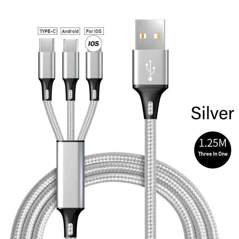 3 в 1 USB кабель для iPhone XS Max X 7 2.4A Быстрая зарядка зарядное устройство type-C Micro USB кабель для samsung S10 мобильный телефон USB C шнур - Тип штекера: Silver