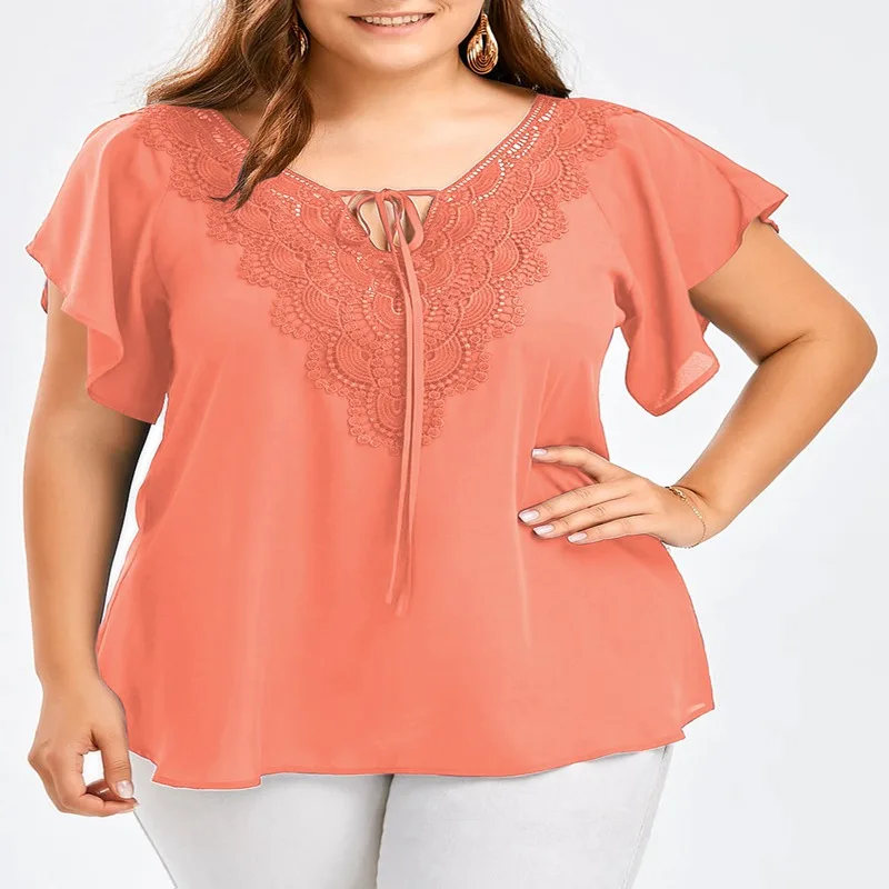 Летние Новые Большие размеры 4XL 5XL 6XL 7XL 8XL v-образный вырез и юбка-годе рукав короткий рукав Футболка кружевная строчка рубашка женская бюст 131 см - Цвет: Розовый