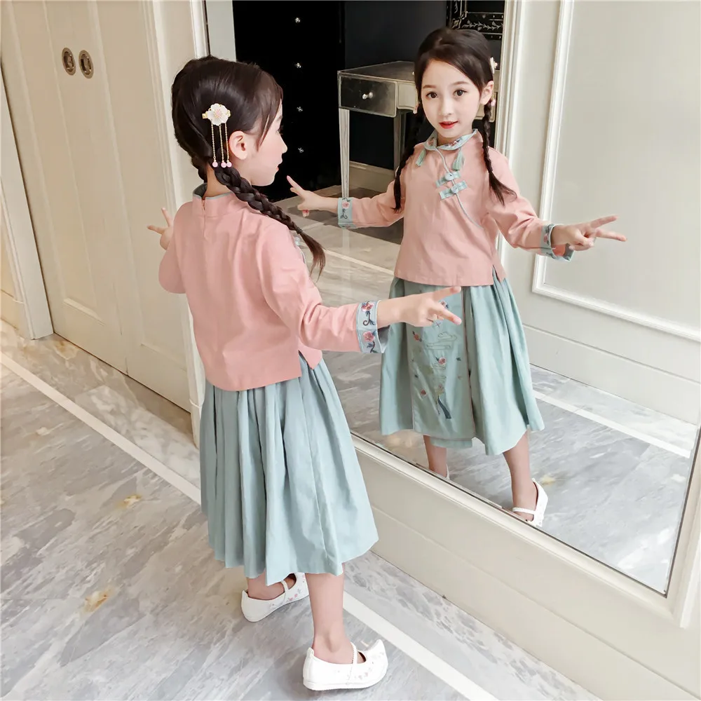 Мода года, осенние детские костюмы Hanfu для девочек топы с цветочной вышивкой и кисточками+ юбки для маленьких девочек, комплект из 2 предметов для детей от 2 до 8 лет