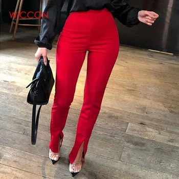 

Women Summer Casual Tight Fit Leg Opening Split Pants Solid Color High Waist Fashion Streetwear Trousers