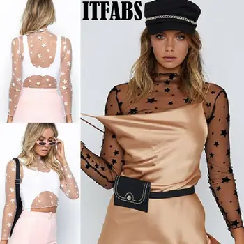 

Ladies Lace Star Print Bottoming Shirts Women Fish Net Hollow Short Tops Female Streetwear see through Blouses Shirts