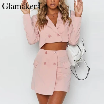 

Glamaker Pink long sleeve skirt and top set women sexy crop top two piece suit sets elegant fashion ladies co ord club outfits