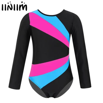 

Kids Girls Long Sleeve Gymnastic Leotard Jumpsuit Color Block Cutout Ballet Dance Tutu Leotards Teen Ballerina Dancewear Costume