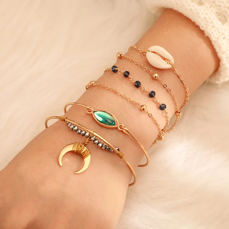 

Docona Boho Gold Shell Moon Beaded Multilayer Bracelet Set for Women Girl Geometric Adjustable Bangle Set Party Jewelry 8198