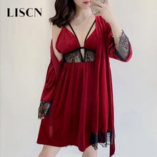 LISCN сексуальная прозрачная ночная рубашка с v-образным вырезом и кружевной вставкой, Золотое бархатное нижнее белье, домашний костюм, теплый халат, одежда для сна, халат, 2 шт