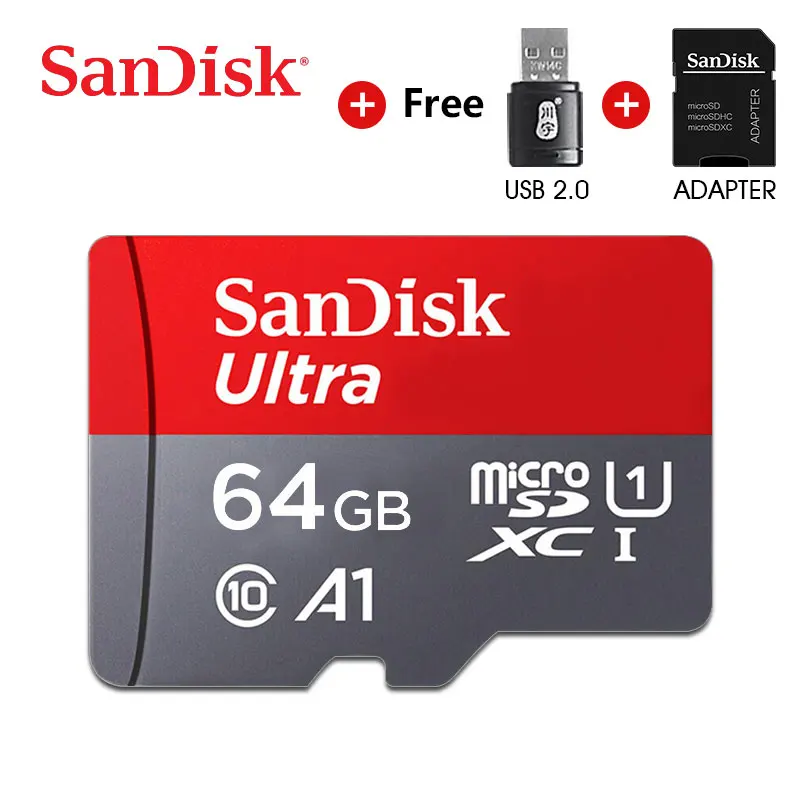 SanDisk A1 Micro sd карта памяти 256 ГБ 200 ГБ 128 Гб 64 Гб 98 МБ/с./с 32 Гб 16 Гб Micro sd карта класс 10 UHS-1 флэш-карта Microsd TF карта - Емкость: 64GA1 and reader