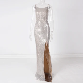 

O Neck Sequined Evening Party Dress Split Front Baciless Lace Up Cut Out Stretchy Long Dress