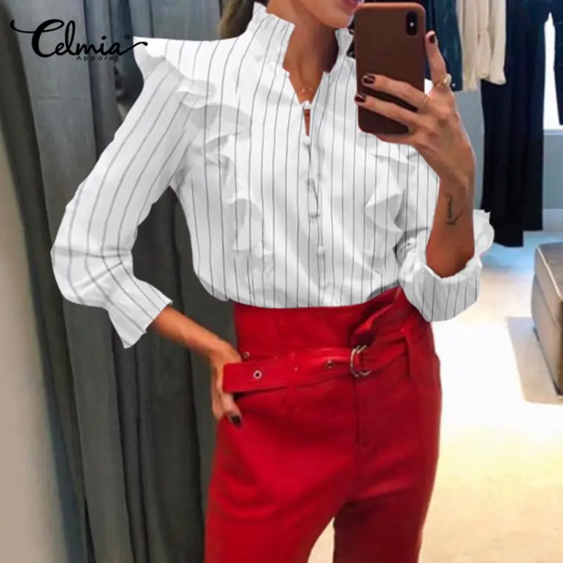 

Vintage Women Shirts 2020 Celmia Autumn Long Flare Sleeve Striped Blouses Plus Size Tops Casual Loose Buttons Blusas Femininas 7