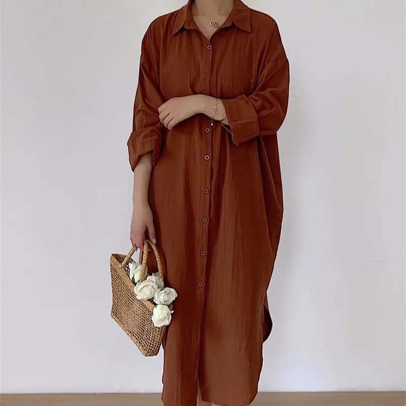 Women Long Blouse Shirt Dress Loose Korean Cotton Clothing New Spring Autumn Oversized Elegant Work Dresses White/Blue