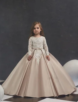 

Champagne Flower Girls Dresses Lace Top A Line Formal Prom Evening Dresses for Baby Girls Zipper Back with Buttons
