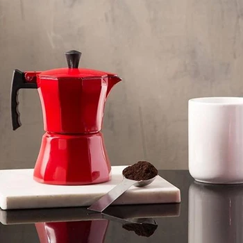 

Italian Aluminum Coffee Maker Moka Espresso Percolator Countertop Pot 300ML Stovetop Kitchen Tools-Red
