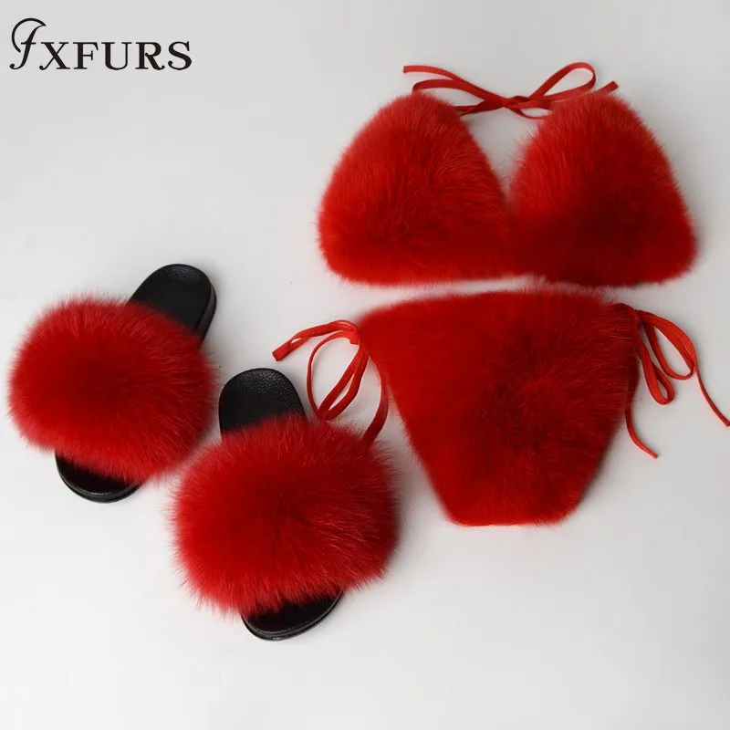 

Women's Real Fox Fur Slippers Fur Bikini Bra Summer Beach Underwear Detachable Thick Fluffy Genuine Fur Bikini Set Real Fur Flip