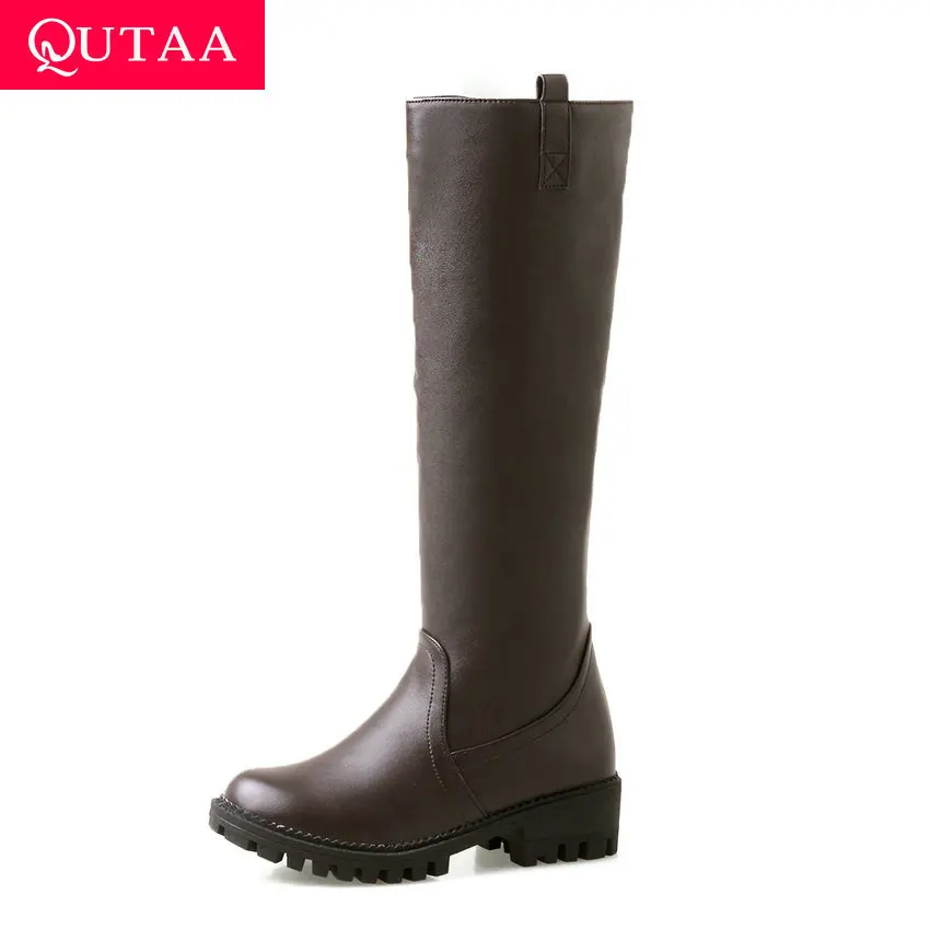 

QUTAA 2020 New Autumn Winter Square Middle Heel All Match Knee High Boots PU Leather Round Toe Zipper Women Shoes Big Size 34-43