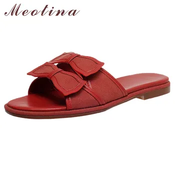 

Meotina Women Slippers Bow Flat Shoes Round Toe Flat Slides Female Summer Leisure Sandals Ladies Wine Red Large Size 40 2020 New
