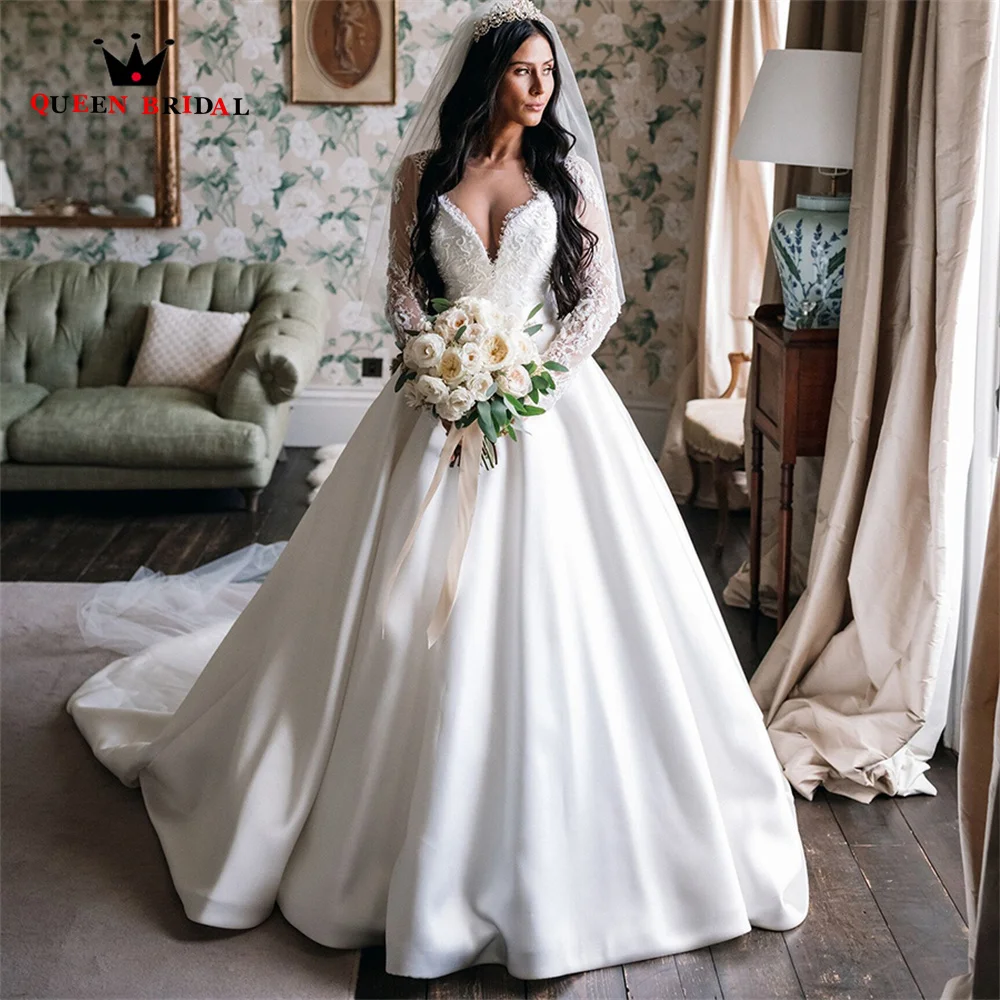 

Long Formal Elegant Ball Gown Long Sleeve Satin Lace Wedding Dresses Women Bride Gowns Custom Size SK76