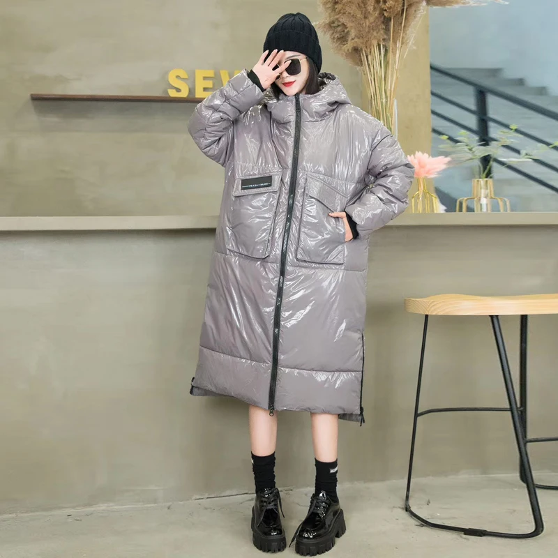 Женская зимняя куртка размера плюс стеганая длинная парка глянцевые теплые