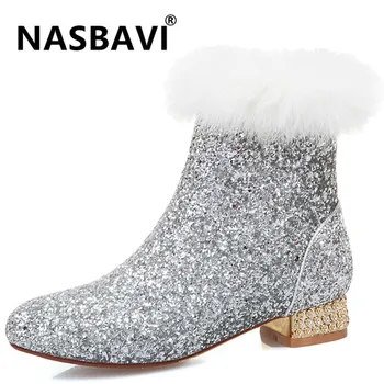 

NASBAVI 2019 New fashion Autumn And Winter Shoes Women Side zipper Sexy Ankle Boots Low-heeled Sequin cloth Bling Female Boots