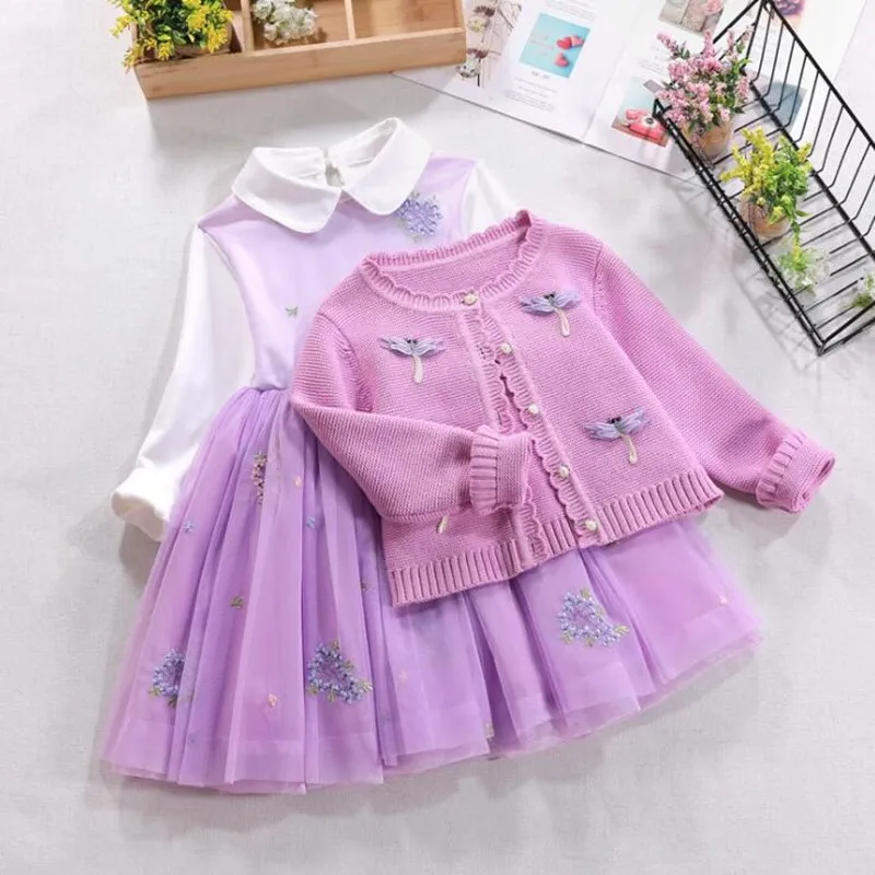 Spring/Autumn Children girl's sets Princess skirt cotton three-piece suit children's sets cardigan sweater