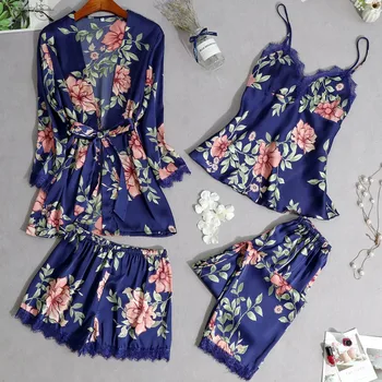 

Women Sexy Sleepwear Floral Print Wireless Pajamas Lace Nightdress Silk Smooth Rimless Pajama set Abito da notte Nighty Anzug#2