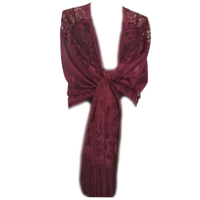 185x63 см, женский шарф 1920 s, Ажурные вязаные крючком цветочные кружева, бахрома, кисточки, свадебная накидка, вечерняя винтажная шаль - Цвет: purple red