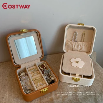

COSTWAY Ins New Jewelry Box with Mirrow Organizer Ring Stud Earrings Jewelry Storage Box With Mirror Faux Leather Box W0622