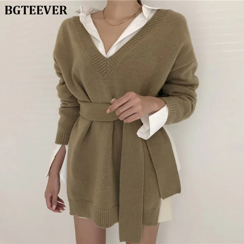 

Fashion Irregular Women Sweater V-neck Lace Up Female Knitted Pullovers Long Sleeve Sweater Autumn Winter Knitted Jumpers 2019