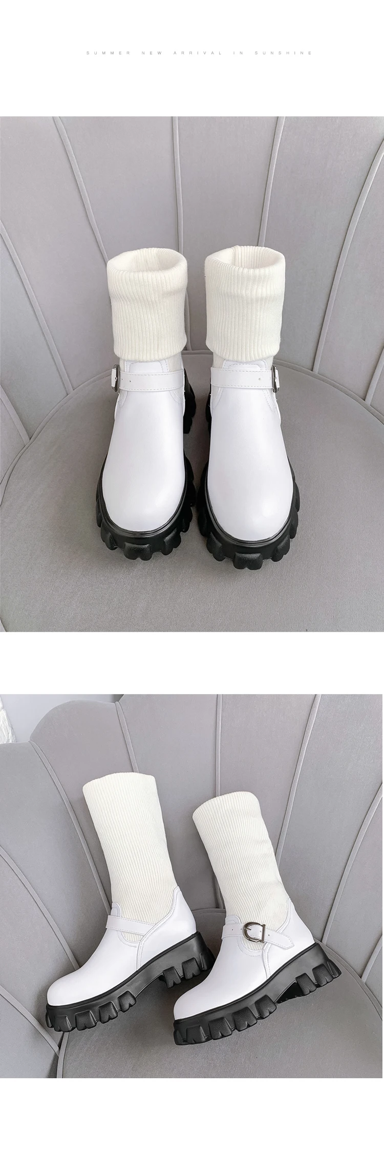 Новые женские ботинки Martens на не сужающемся книзу массивном каблуке; сезон осень-зима; вязаные носки; эластичные сапоги до середины икры; большие размеры 46