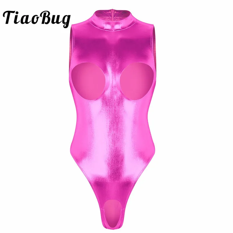 

TiaoBug Women Swimsuit One-piece Wet Look Faux Leather Crotchless Bodysuit Sexy Swimwear Sleeveless Open Bust Teddy Lingerie