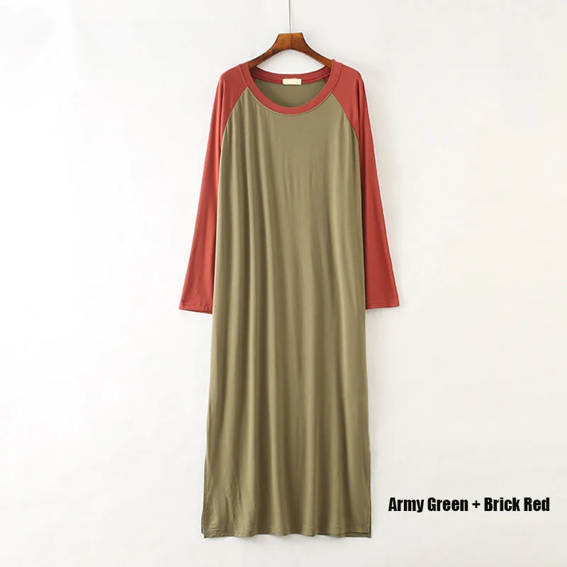 Army Green Brick Red Осенняя ночная рубашка больших размеров, женская простая ночная рубашка, мягкая ночная рубашка из модала, женское спальное платье с длинным рукавом и круглым вырезом - Цвет: Army Green Brick Red
