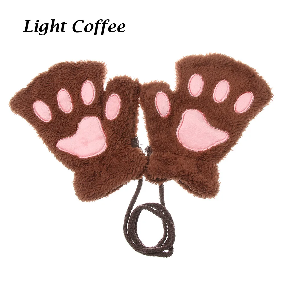 Милые плюшевые перчатки в виде кошачьей лапы для детей; зимние теплые варежки для девочек; короткие перчатки без пальцев; детские перчатки на половину пальцев - Цвет: light coffee