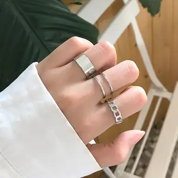 Hiphop Geometric Silver Color Metal Circular Rings Set For Women Girls Punk Opening Finger Buckle Tail Ring Fashion Jewelry A935