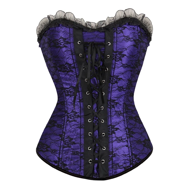 Women's Lace Cover Overbust Corset Lace Up Boned Lingerie Zipper Side Carnival Waist and Body Shaper Bustier Plus Size purple