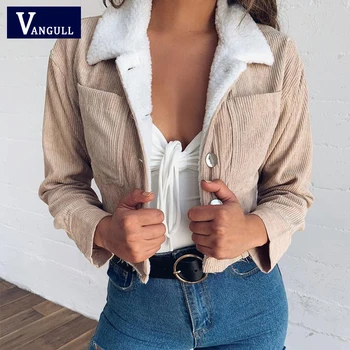 

Vangull Corduroy Fleece Casual Short Jacket Women Thick fuzzy Soft Warm Basic Crop Coat Winter Long sleeve Pockets Female Jacket