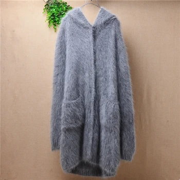 

New version cloth hooded sweater mink warm Angora rabbit fur knitted loose large size women's cardigan coat